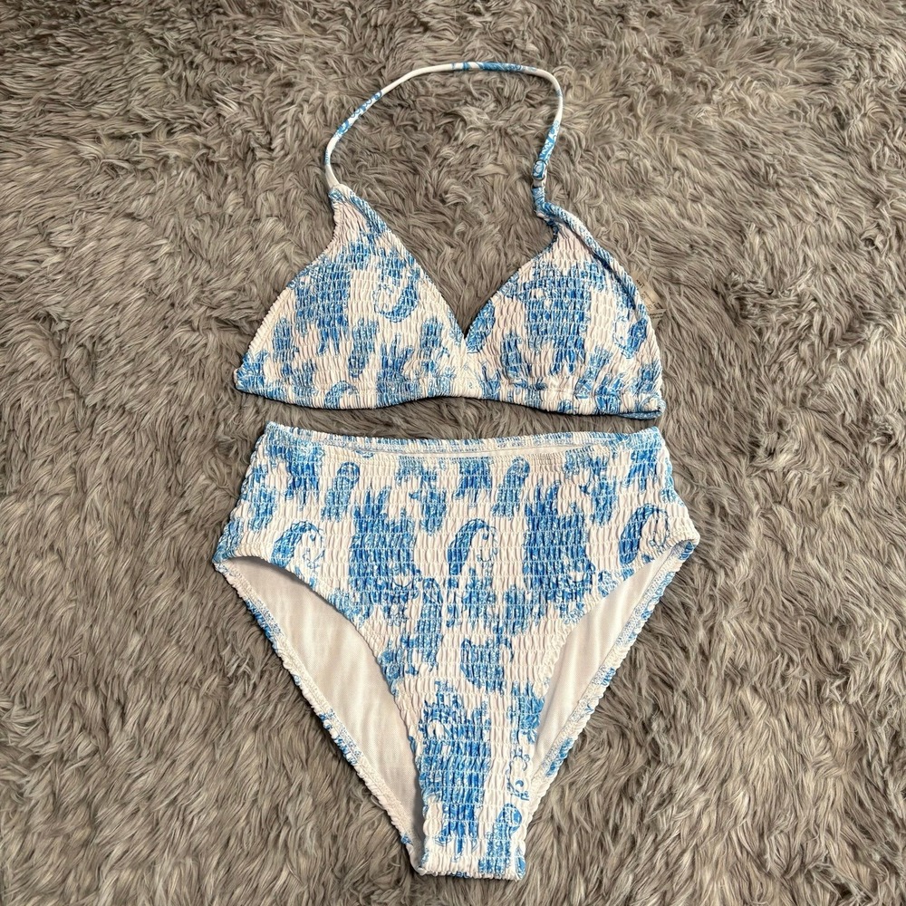 Boutique Blue Smocked Floral 2 Piece High Rise Bikini Teen Girl 13Y Youth Large